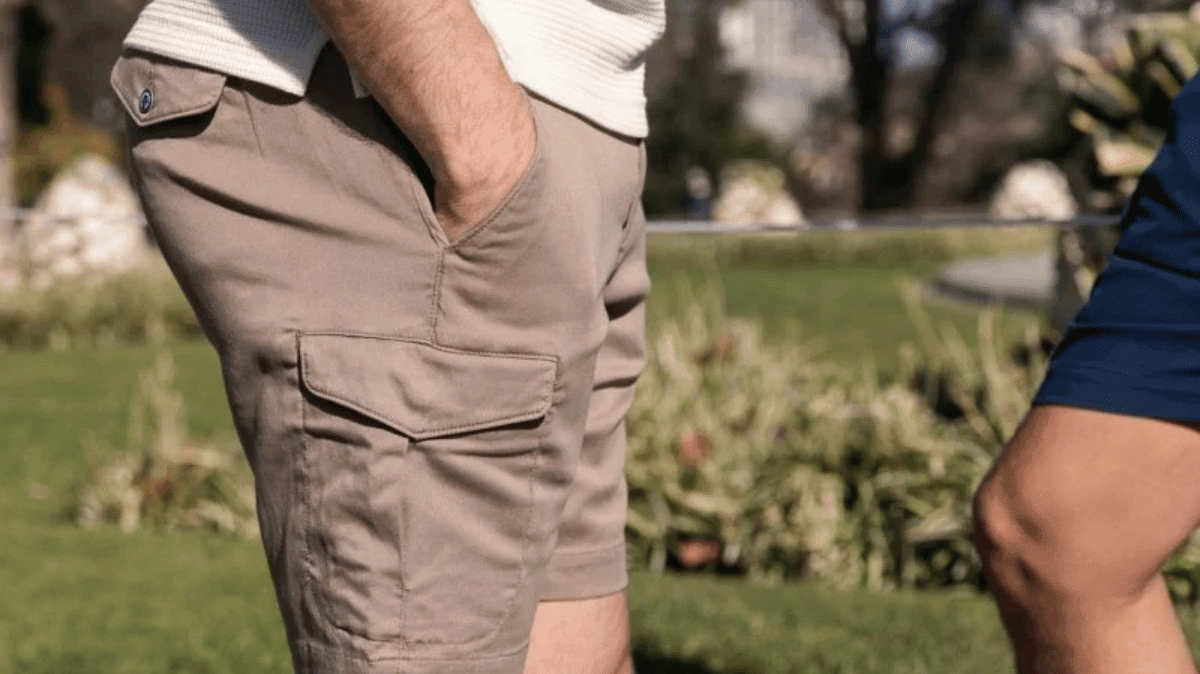Frankster The Aussies cargo shorts in khaki worn by a man outdoors in Australia