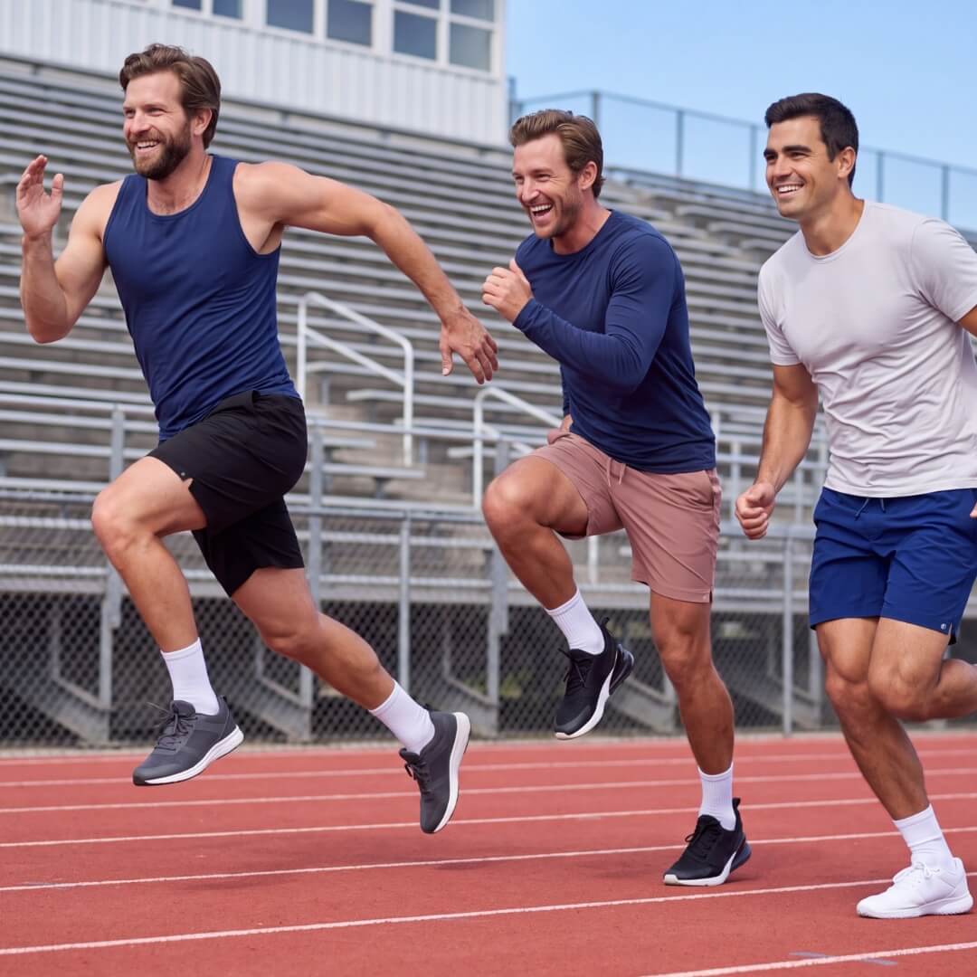 Three men running on a track wearing black dusty pink and navy Men's Shorts роуп