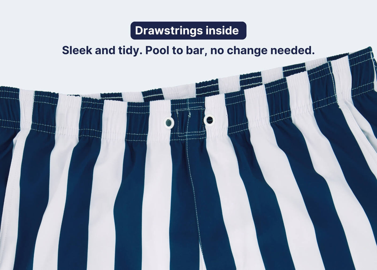 Close up of navy and white striped Men's Shorts showing internal drawstrings and a partly elasticated waistband