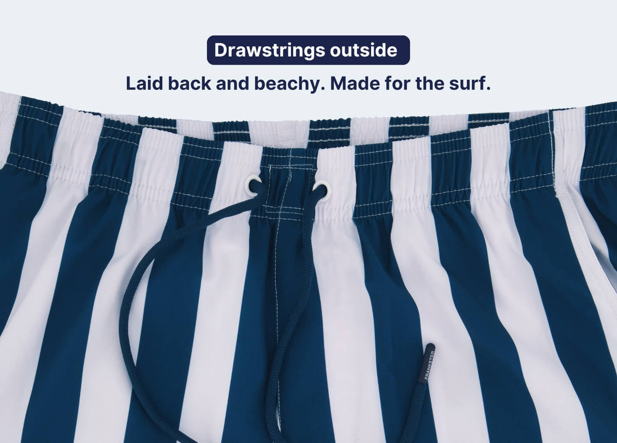 Navy and white striped Mens Shorts with external drawstrings and an elasticated waistband