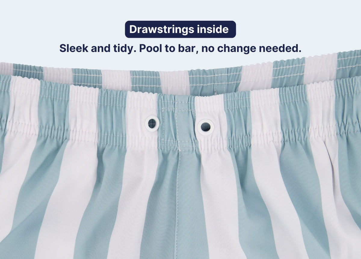Blue and white striped Men's Shorts with a partly elasticated waistband and discreet inner drawstrings for a neat comfortable fit