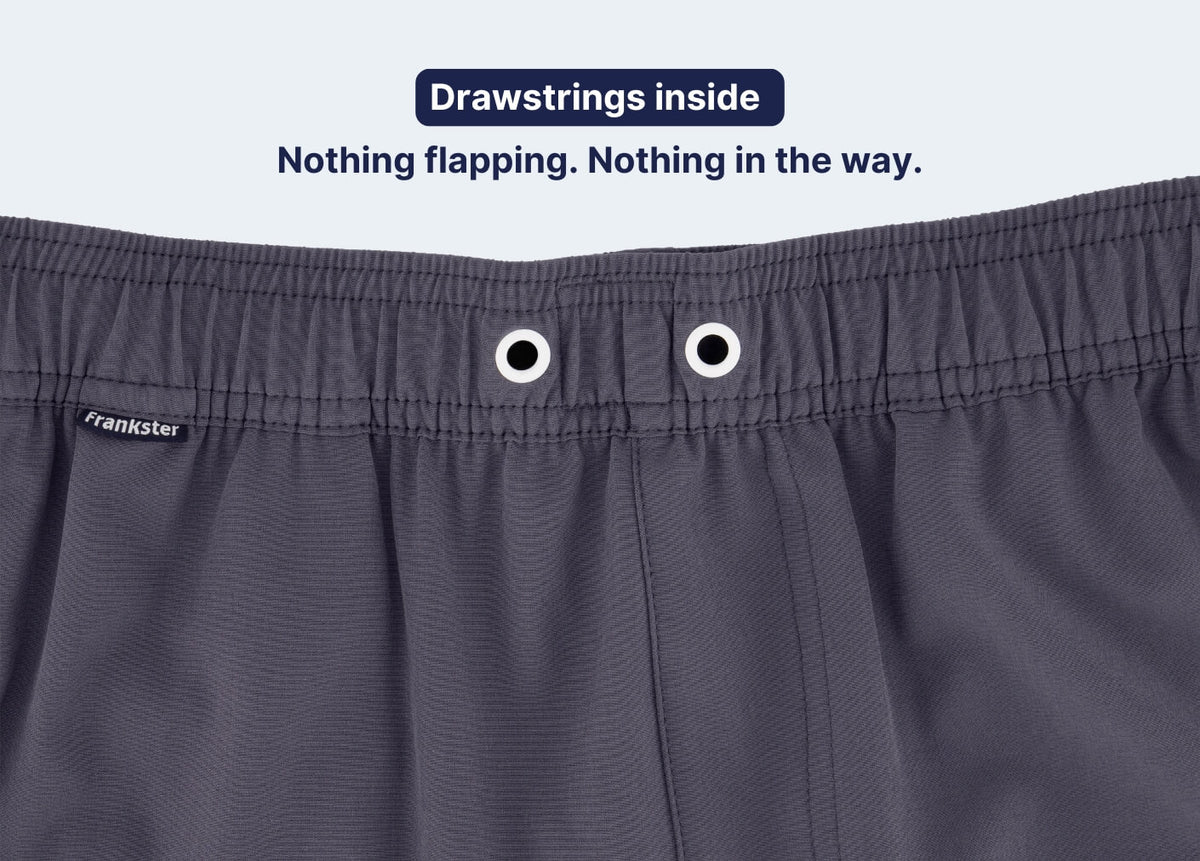 Close-up of charcoal Men's Shorts waistband with concealed drawstrings, buttonholes and smooth lightweight fabric.