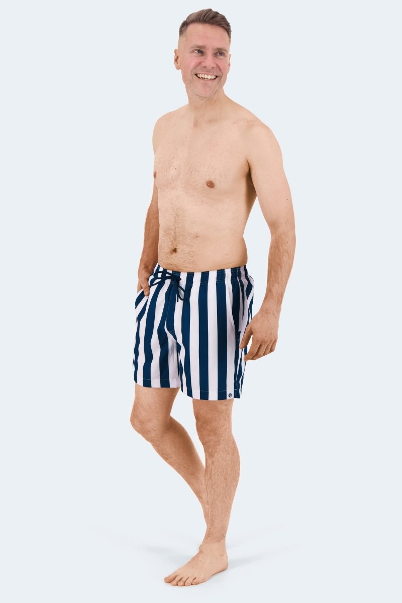 Frankster Cabanas * The Swims Men's Shorts in navy and white vertical stripes lightweight swim shorts for men in striped fabric
