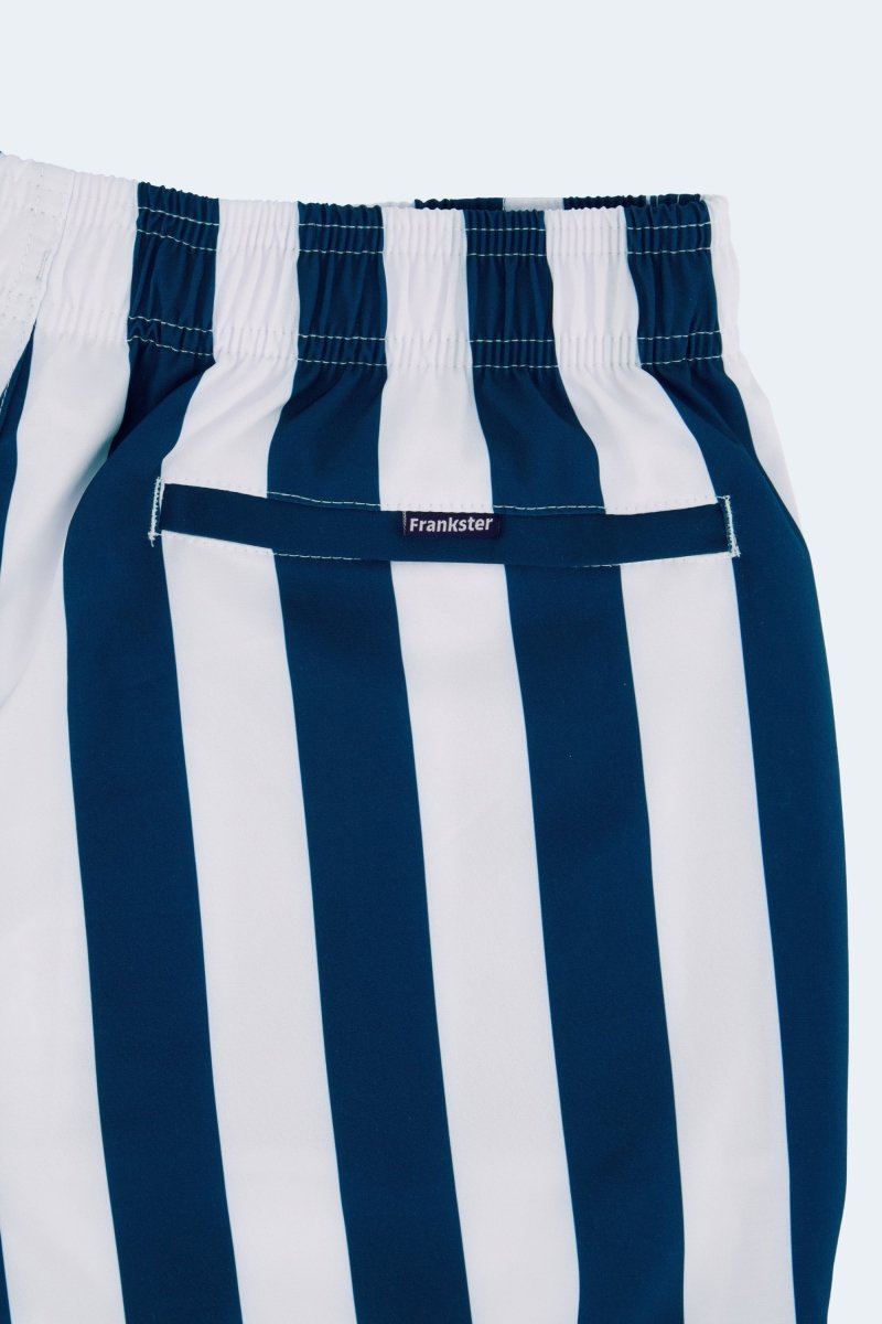 Cabanas * The Swims by Frankster, navy blue and white striped Men's Shorts in swim fabric with elastic waistband and zip pocket