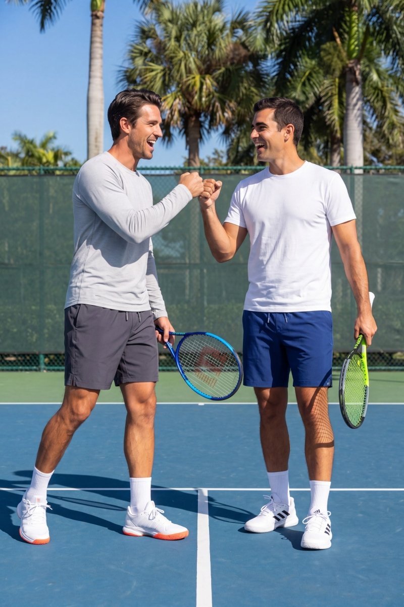 Chillers * The Sporties by Frankster men's shorts in grey and navy worn by two men on a sunny tennis court