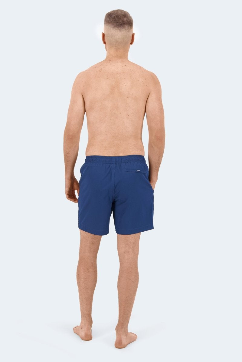 Frankster Chillers * The Swims Men's Shorts in navy blue smooth fabric, shown from the back with an elastic waistband and side pockets