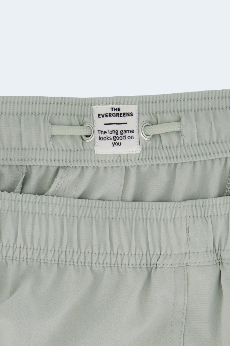 Evergreens * The Sporties Men's Shorts by Frankster in sage green with a partly elasticated waistband and smooth woven fabric