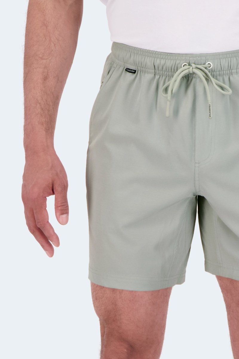 Frankster Evergreens * The Sporties Men's Shorts in pale sage green smooth fabric with elastic waistband and drawstring