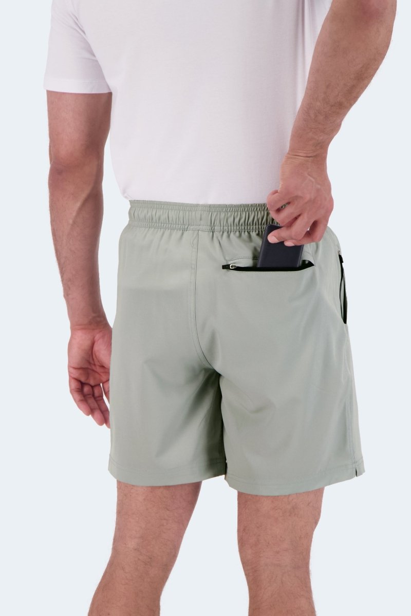 Frankster Evergreens * The Sporties Men's Shorts in pale sage green smooth fabric with hidden zip pocket