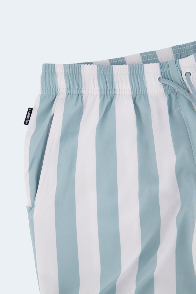 Lagunas * The Swims by Frankster Men's Shorts in light blue and white vertical striped fabric with elastic waistband and drawstring