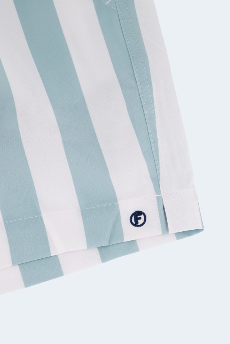 Lagunas * The Swims by Frankster striped Men's Shorts in pale blue and white fabric with a zip fly and logo tab
