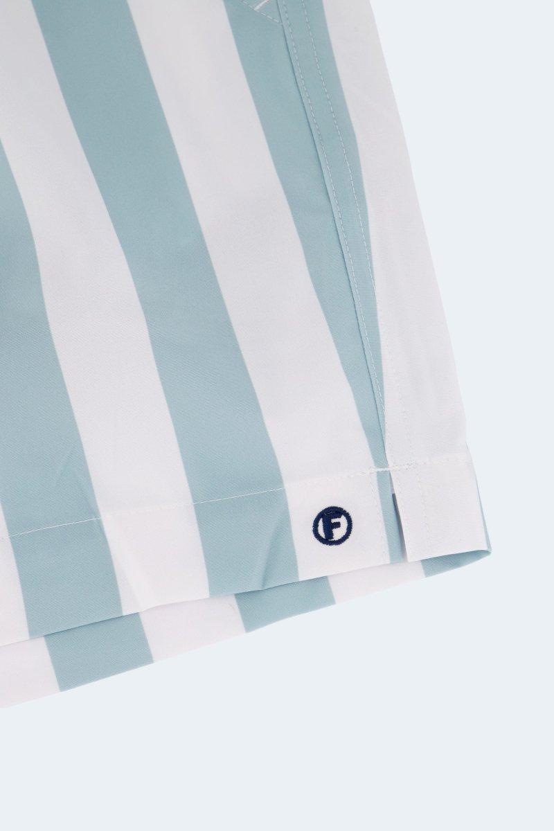 Lagunas * The Swims by Frankster striped Men's Shorts in pale blue and white fabric with a zip fly and logo tab