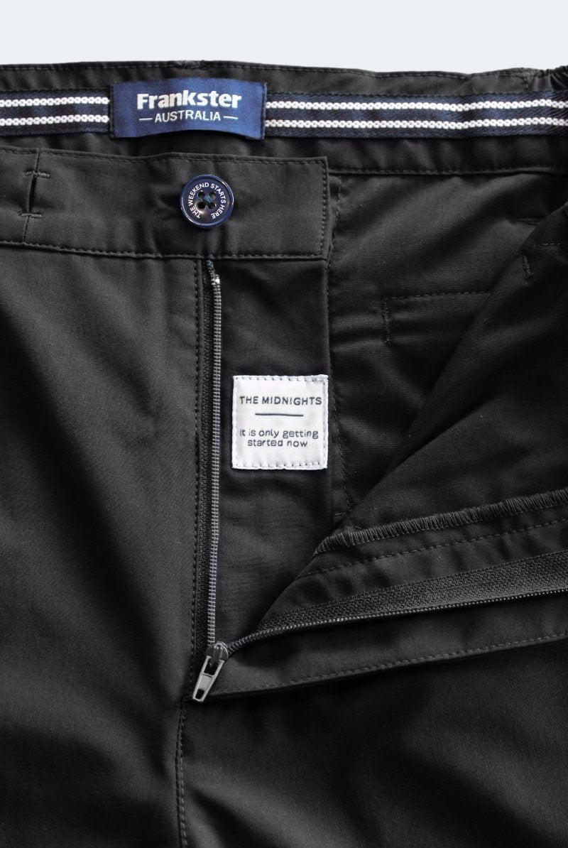 Frankster Midnights Black The Actives Shorts zipper label