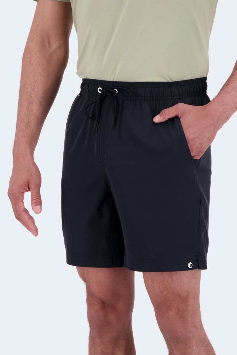 Frankster Midnights * The Sporties Men's Shorts in black smooth fabric with an elastic waistband drawstring and side pockets