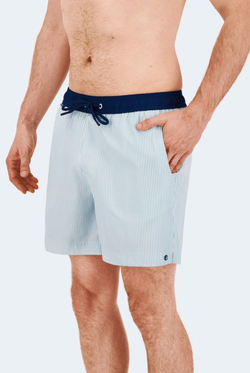 Palmers * The Swims light blue pinstripe Men's Shorts by Frankster with a navy drawstring waistband and lightweight woven fabric