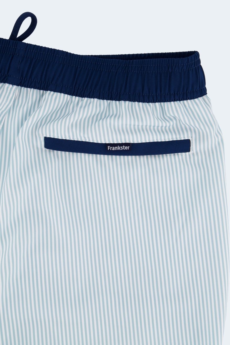 Palmers * The Swims by Frankster, Men's Shorts in white and pale blue striped swim fabric with a navy elastic waistband