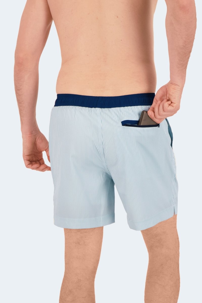Palmers * The Swims by Frankster, light blue striped Men's Shorts in lightweight fabric with elastic waistband and hidden zip pocket