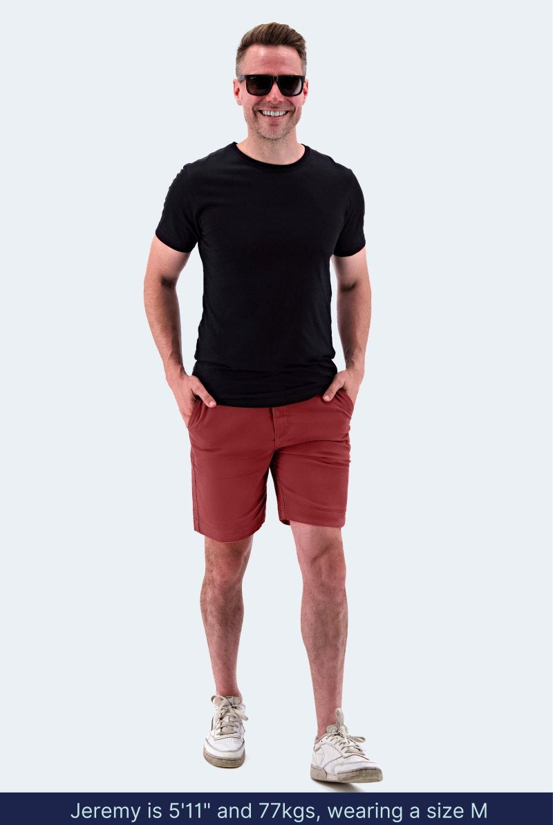 The Pioneers Burgundy Everyday Chino Shorts - Full Body Shorts incl. Model size