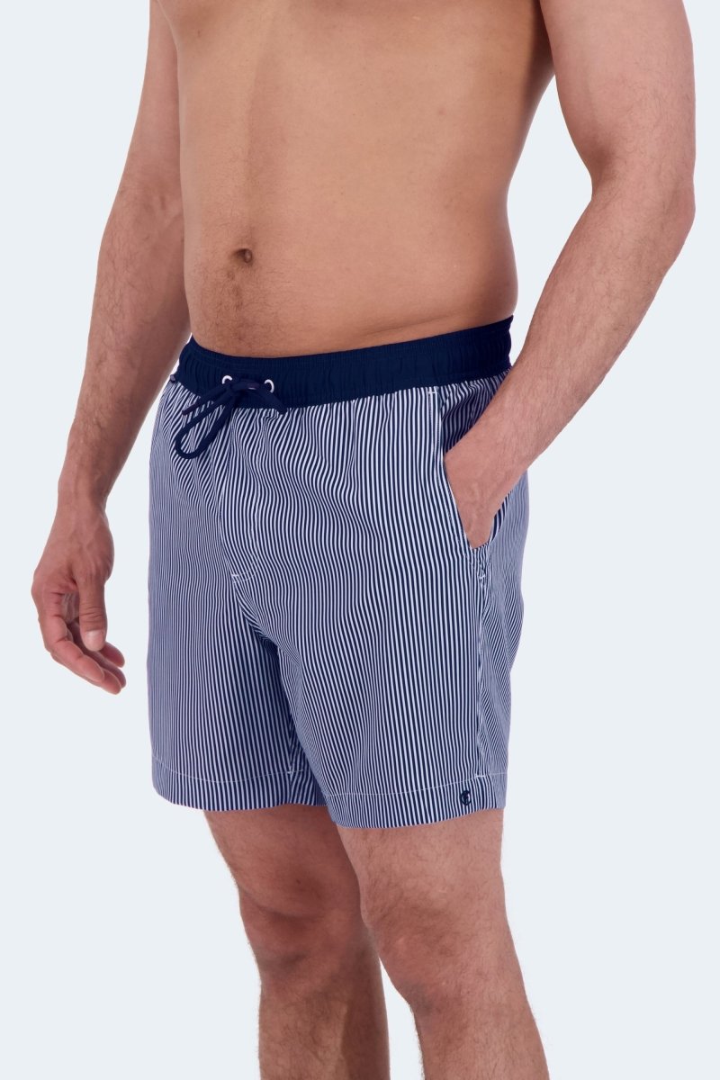 Poolsiders * The Swims Men's Shorts by Frankster in blue and white striped fabric with an elastic waistband drawstring and side pockets