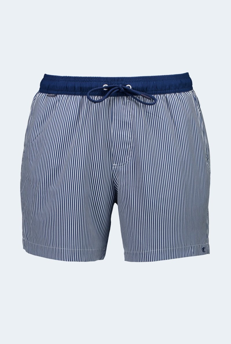 Poolsiders * The Swims by Frankster Men's Shorts in navy and white striped fabric with elastic drawstring waist