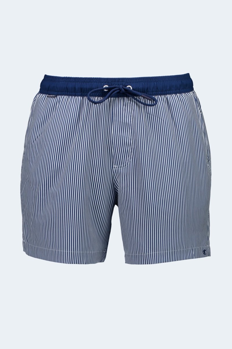 Poolsiders * The Swims by Frankster Men's Shorts in navy and white striped fabric with elastic drawstring waist
