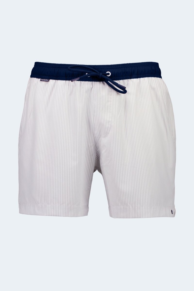 Rivieras * The Swims by Frankster, white striped Men's Shorts with a navy elastic waistband and drawstring in textured fabric