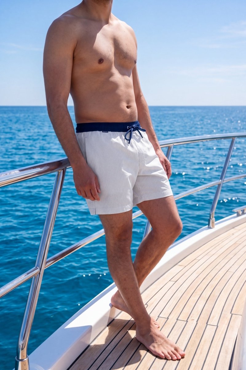 Rivieras * The Swims Frankster Men's Shorts in white textured fabric, lightweight swim shorts for men with a drawstring waist