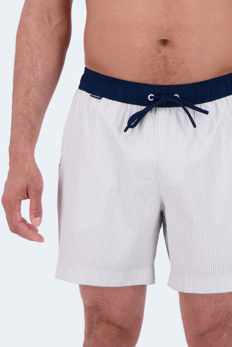Rivieras * The Swims by Frankster, white pinstriped Men's Shorts with navy elastic waistband and drawstring waist