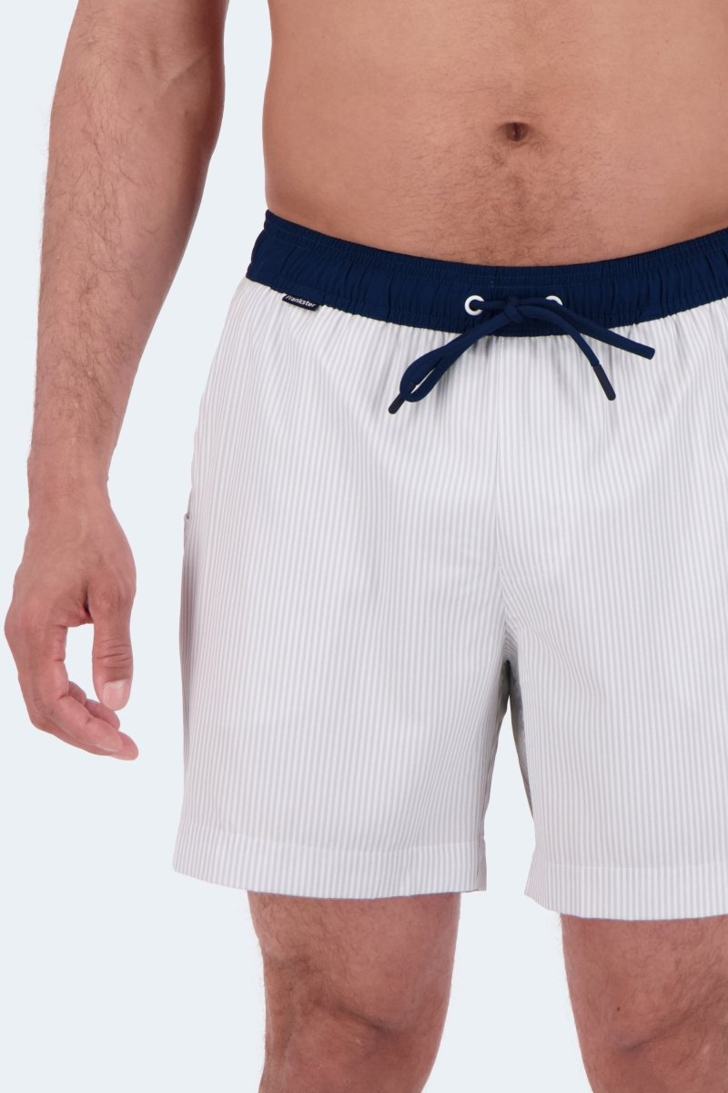 Rivieras * The Swims by Frankster, white pinstriped Men's Shorts with navy elastic waistband and drawstring waist