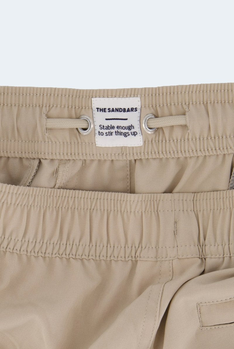 Sandbars * The Sporties Men's Shorts by Frankster in beige fabric with a drawstring waistband, elasticated back and side pocket