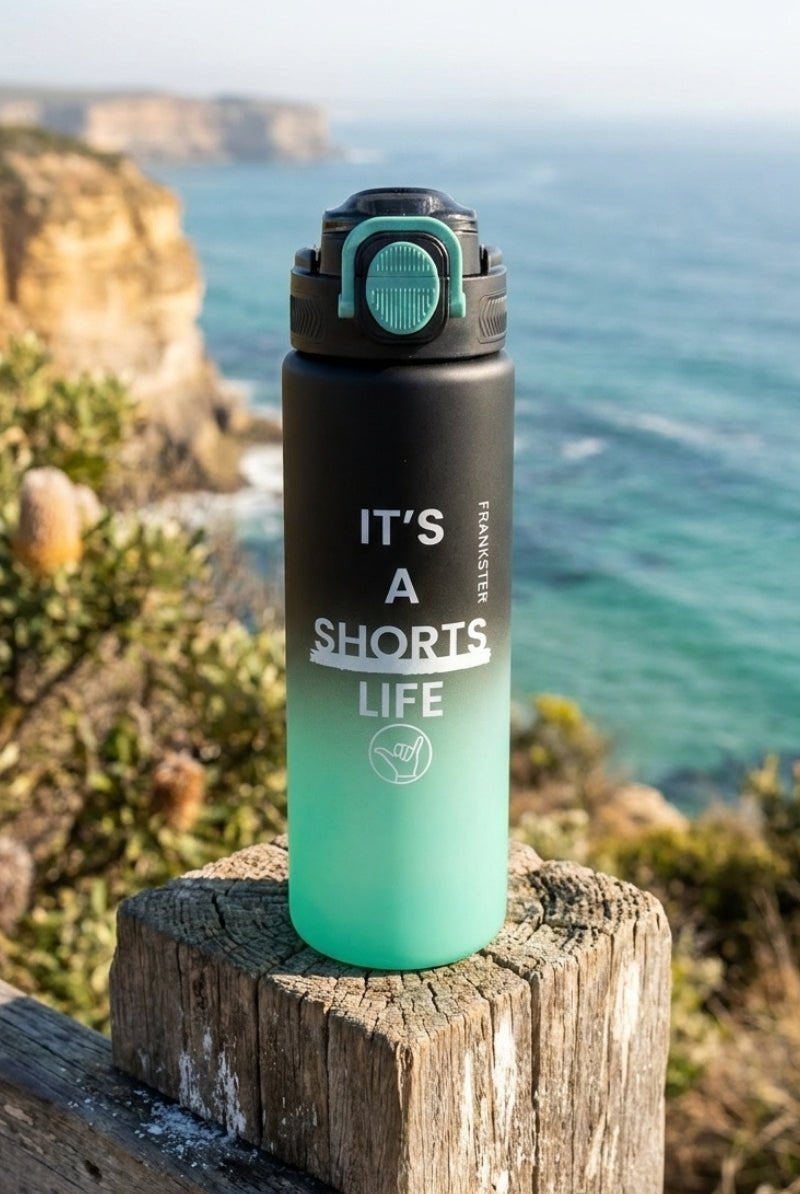 Frankster branded drinkware bottle featuring a gradient bottle green to black design, styled with Men's Shorts Life branding reflecting the "Shorts Life Bottle Green Black" theme.