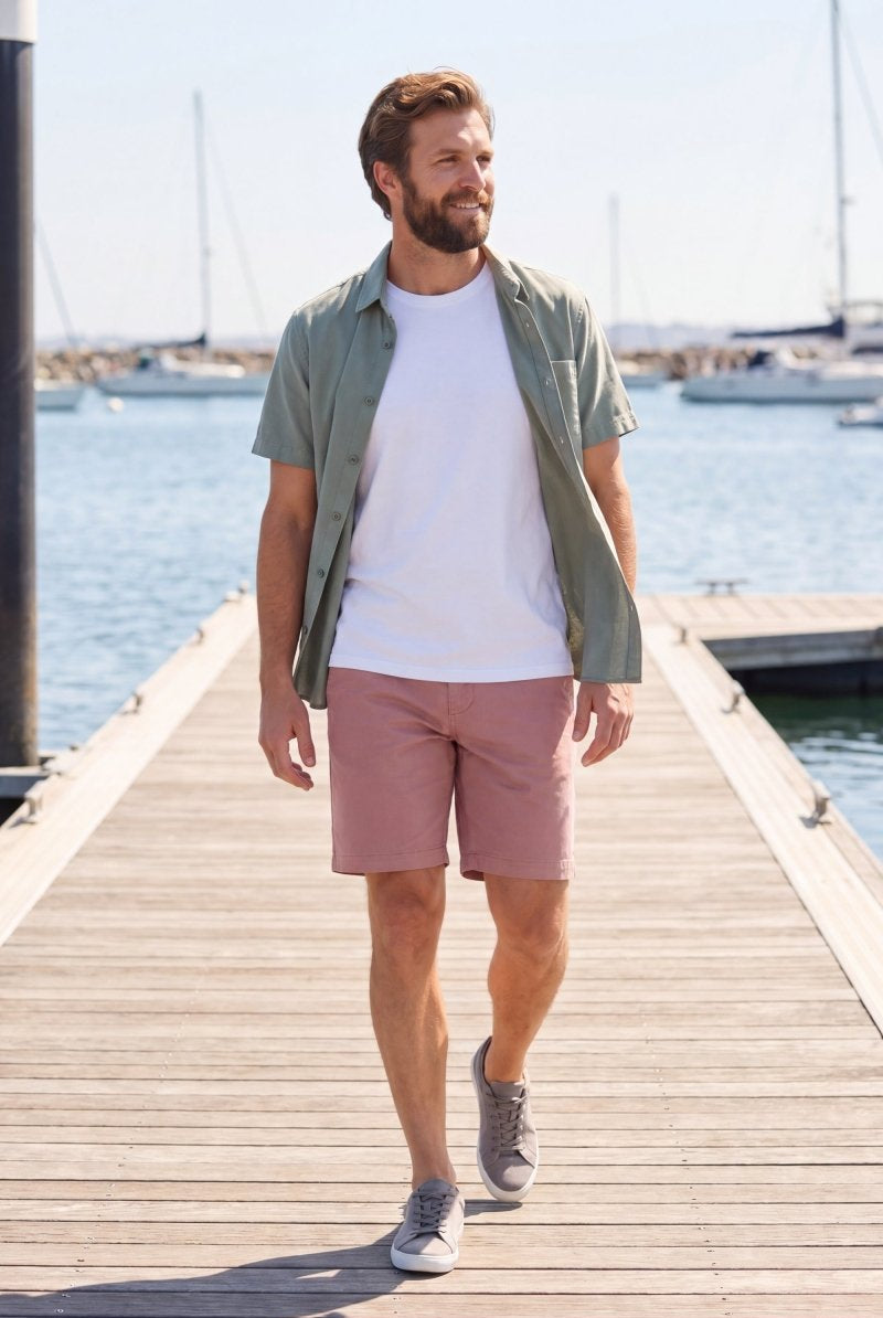 Man walking on a dock wearing dusty pink Sundowners * The Everydays men's shorts by Frankster, featuring lightweight, comfortable fabric perfect for casual wear.