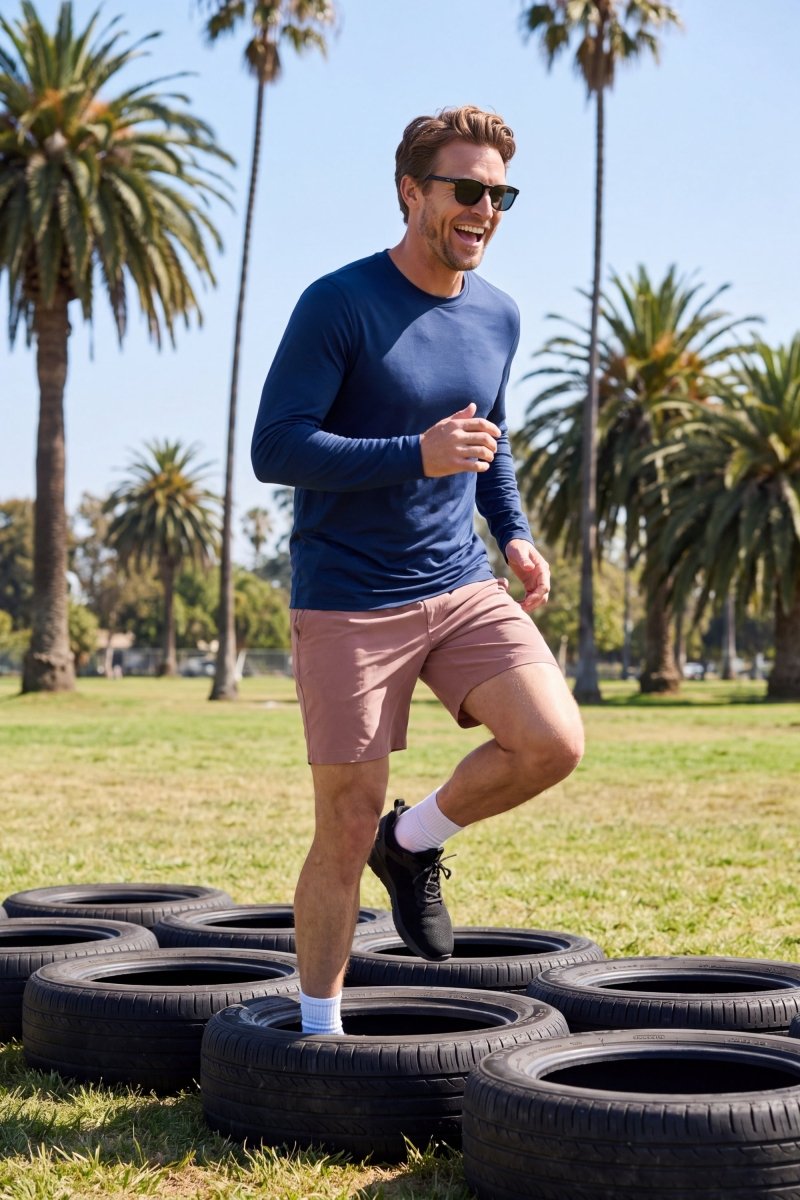 Frankster Men's Shorts Sundowners * The Sporties in dusty pink fabric worn during outdoor tire training by a man