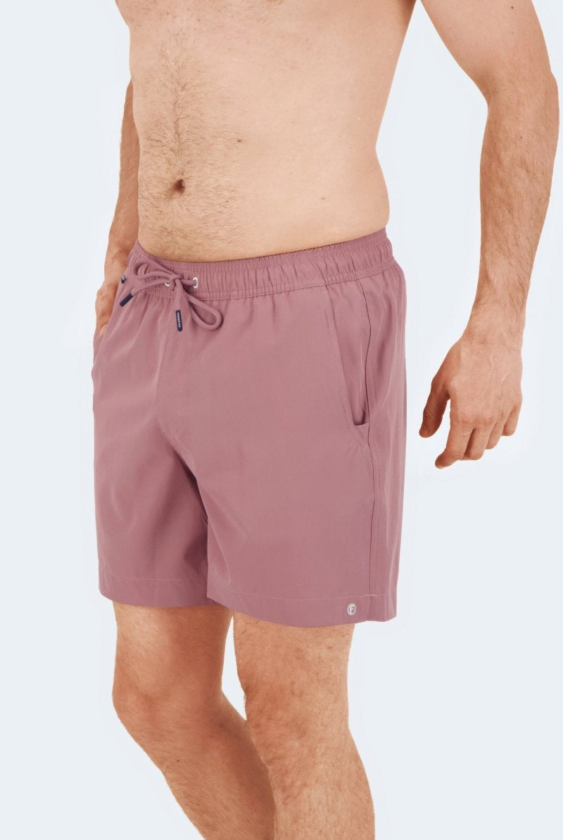 Frankster Sundowners * The Swims mauve Men's Shorts in smooth fabric with elastic waistband, drawstring and side pocket on model