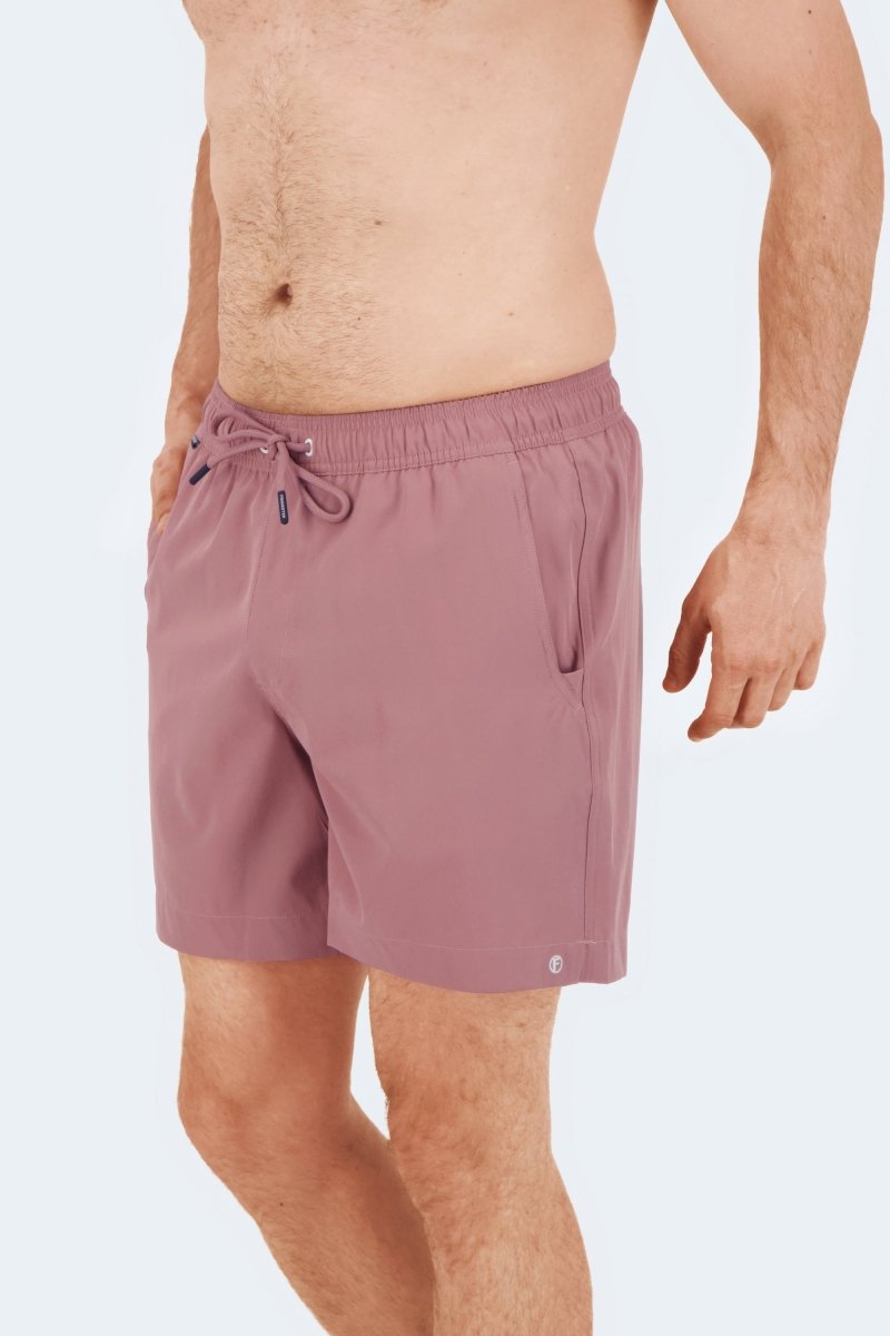 Frankster Sundowners * The Swims mauve Men's Shorts in smooth fabric with elastic waistband, drawstring and side pocket on model