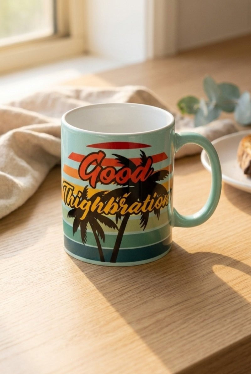 The Good Thighbrations Mug by Frankster features a smooth ceramic finish with vibrant sunset stripes and palm tree graphics, complementing men’s shorts lifestyle visuals from Frankster Australia.