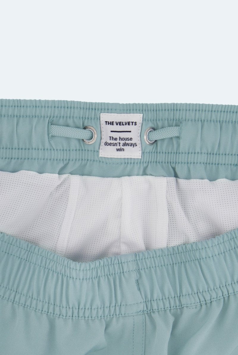 Velvets * The Swims by Frankster Men's Shorts in pale blue lightweight fabric with white mesh lining and elasticated waistband
