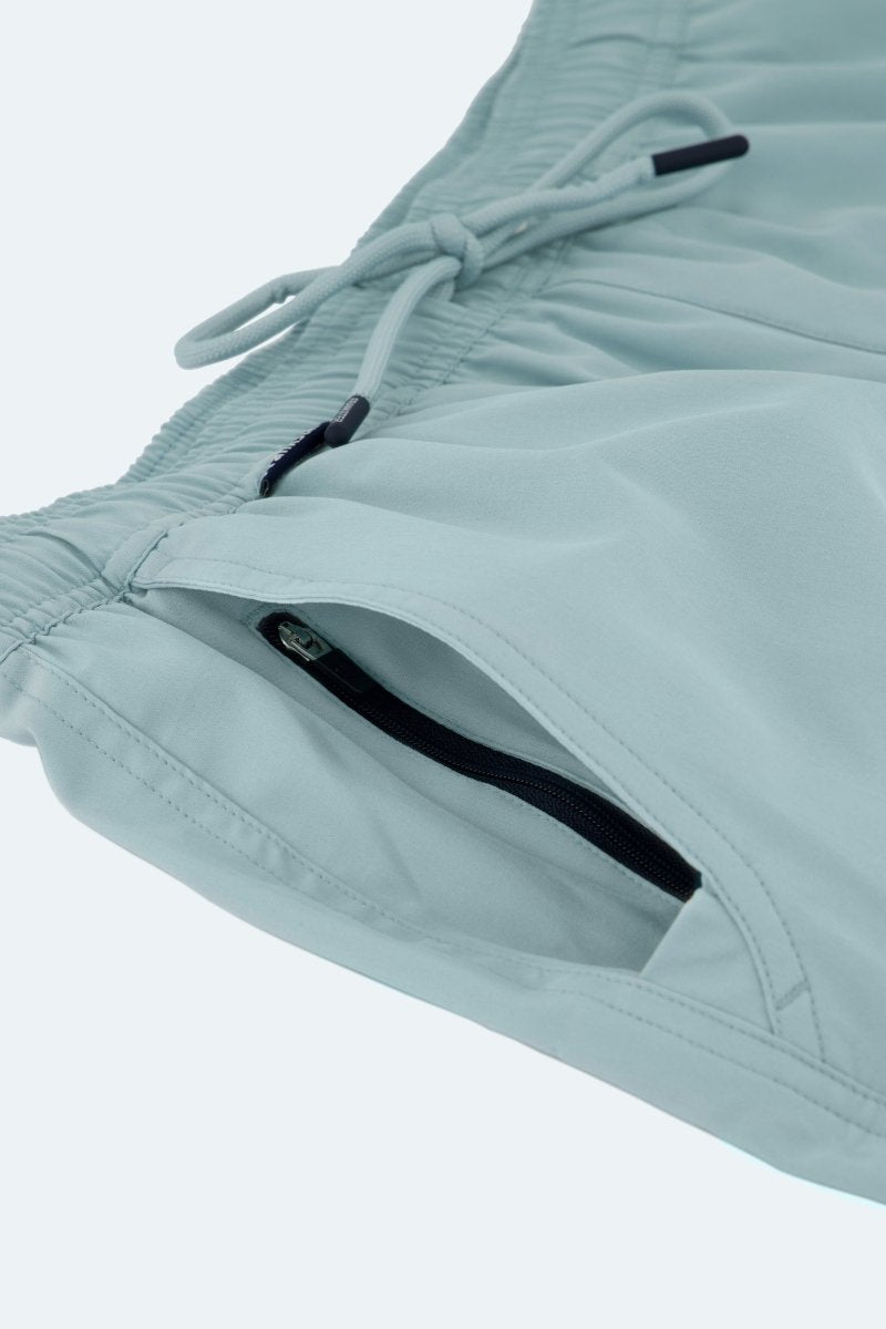 Velvets * The Swims by Frankster light blue Men's Shorts with drawstring waist and hidden zip pocket close up