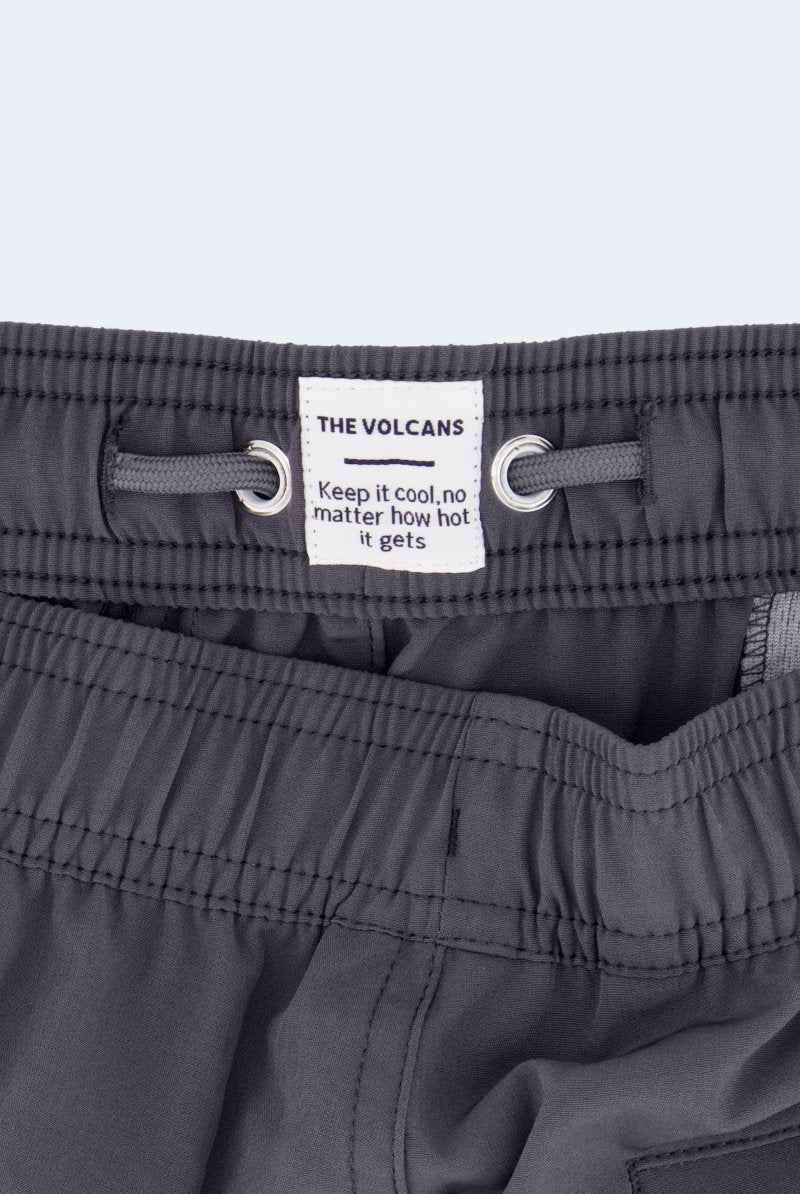 Frankster Volcans * The Sporties Men's Shorts in dark charcoal woven fabric with a partly elasticated waistband and stitched detailing