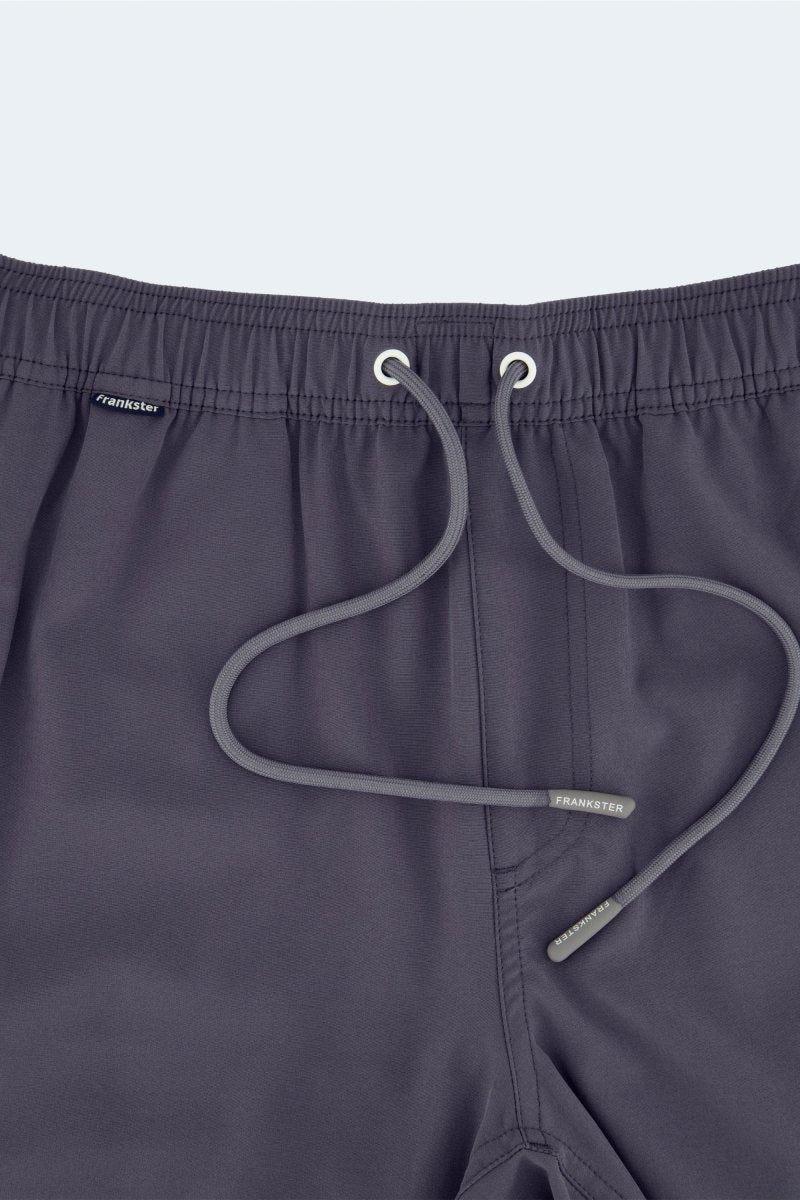 Volcans * The Sporties Frankster Men's Shorts in dark charcoal lightweight fabric with elastic waistband and drawcord
