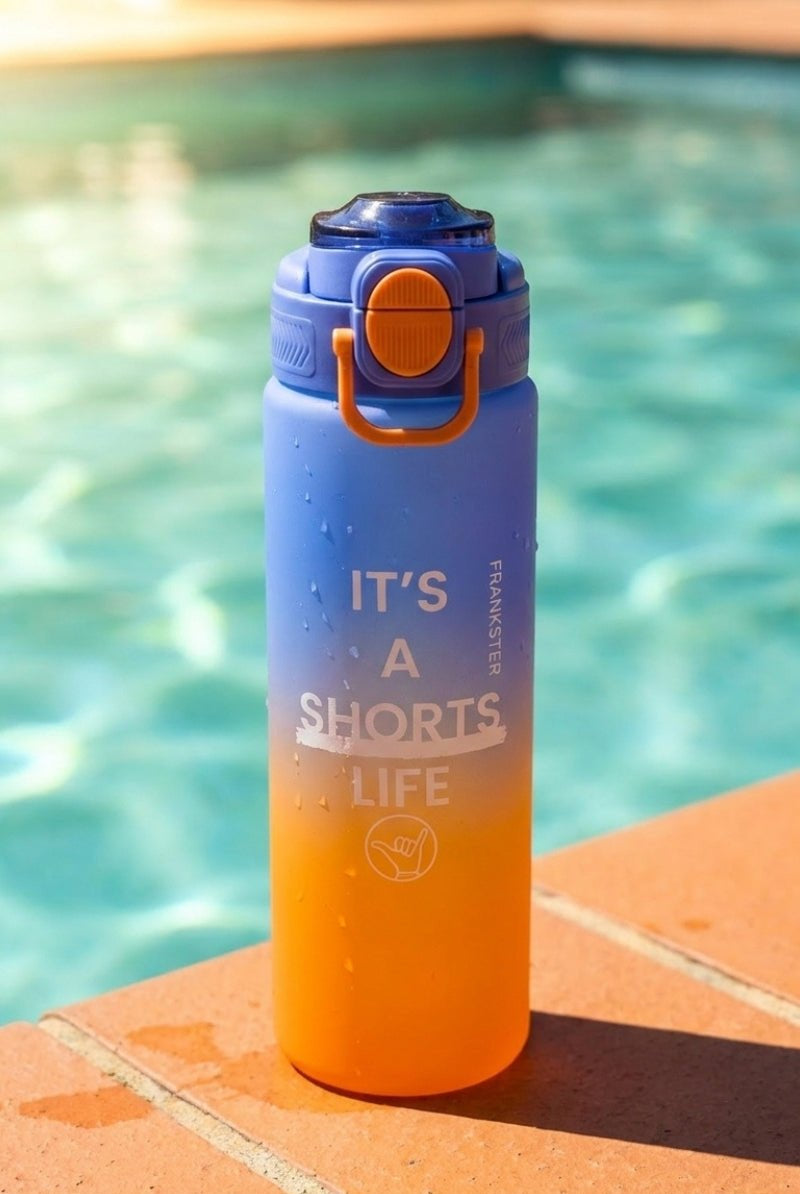 Frankster Water Bottle Orange Blue with a vibrant color gradient and durable material, complementing the style and comfort of men's shorts for active wear.
