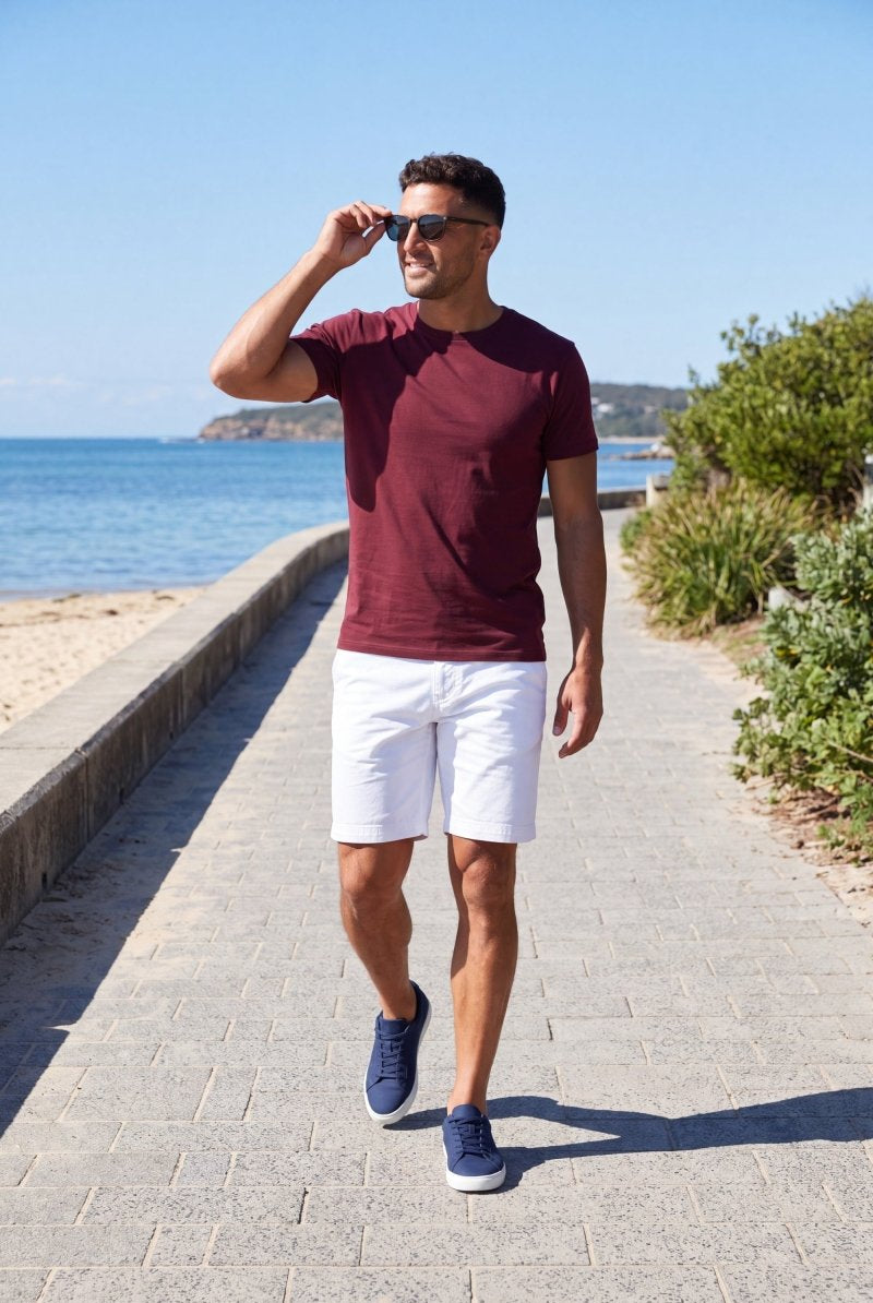 Man wearing Whitecaps * The Everydays white men's shorts by Frankster, paired with a burgundy shirt and navy sneakers on a sunny beach path.