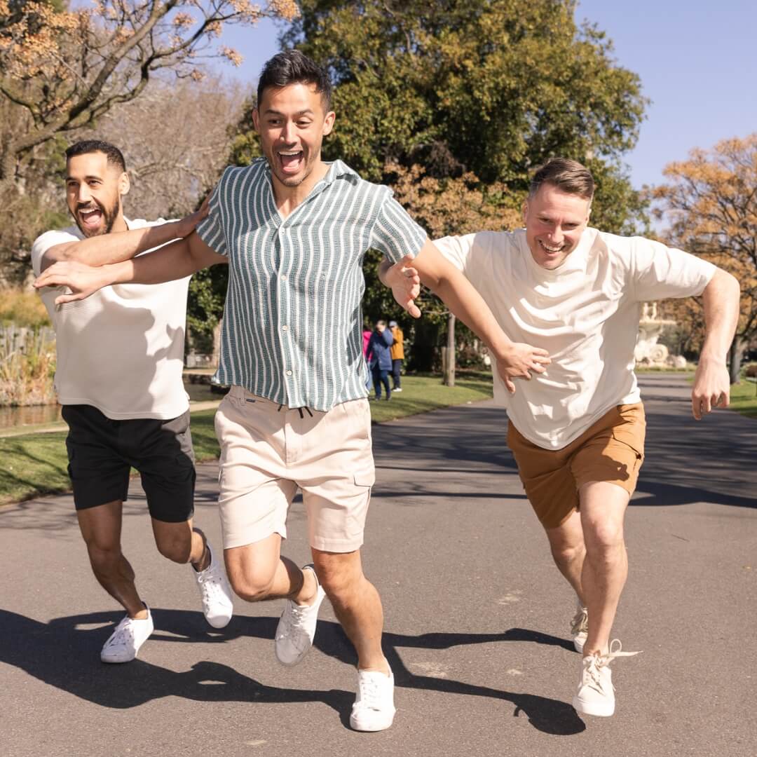 Close-up of men wearing Frankster shorts outdoors, showing casual fit and pocket detail.