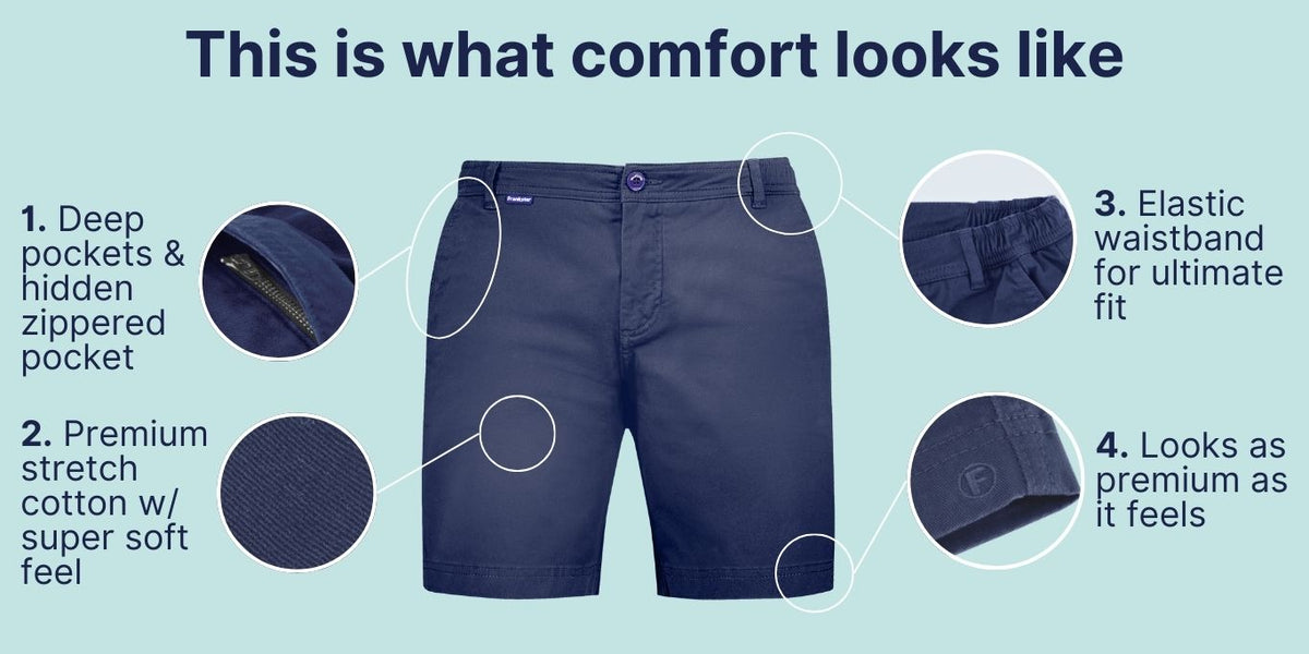 Dark navy men's shorts made from premium stretch cotton with a soft texture, featuring deep pockets including a hidden zippered pocket, an elastic waistband for a flexible fit, and a refined finish highlighting comfort and quality.