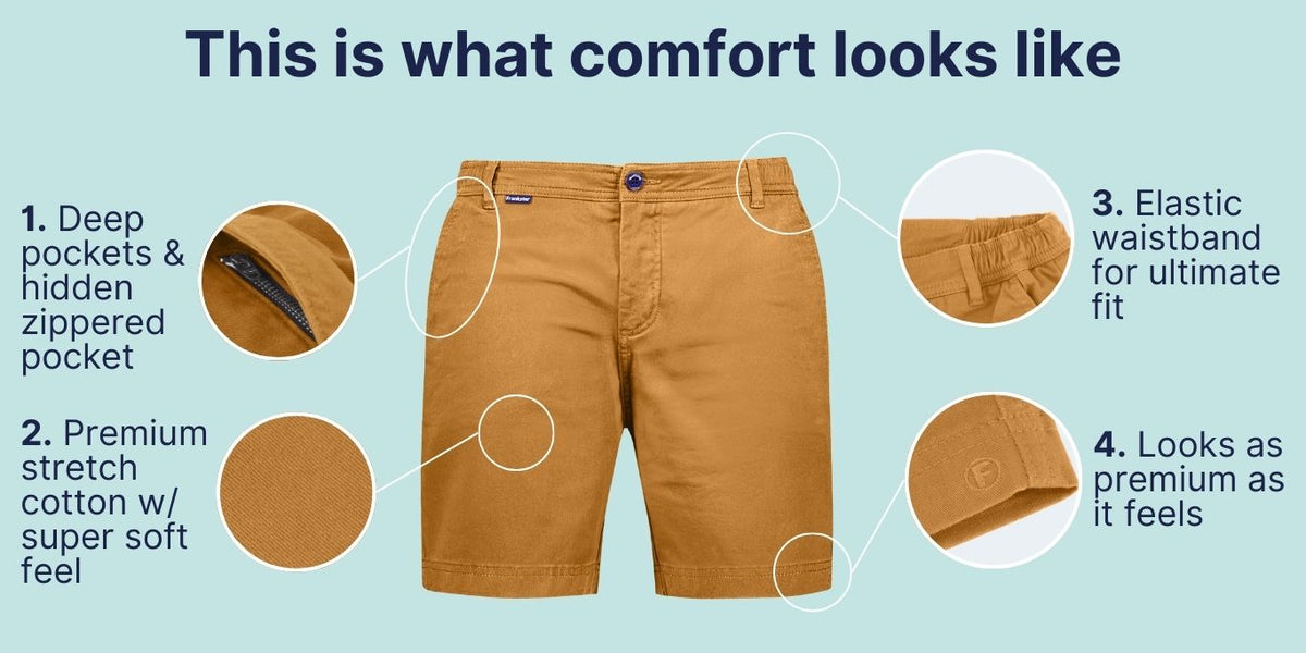 Golden brown men's shorts crafted from premium stretch cotton with a soft texture, featuring deep pockets including a hidden zippered pocket, an elastic waistband for a flexible fit, and a smooth finish that highlights comfort and quality.