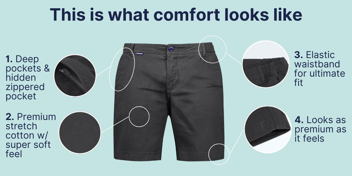 Dark navy men's shorts made from premium stretch cotton featuring deep pockets with a hidden zippered pocket, an elastic waistband for a flexible fit, and a smooth, durable finish highlighting comfort and quality.