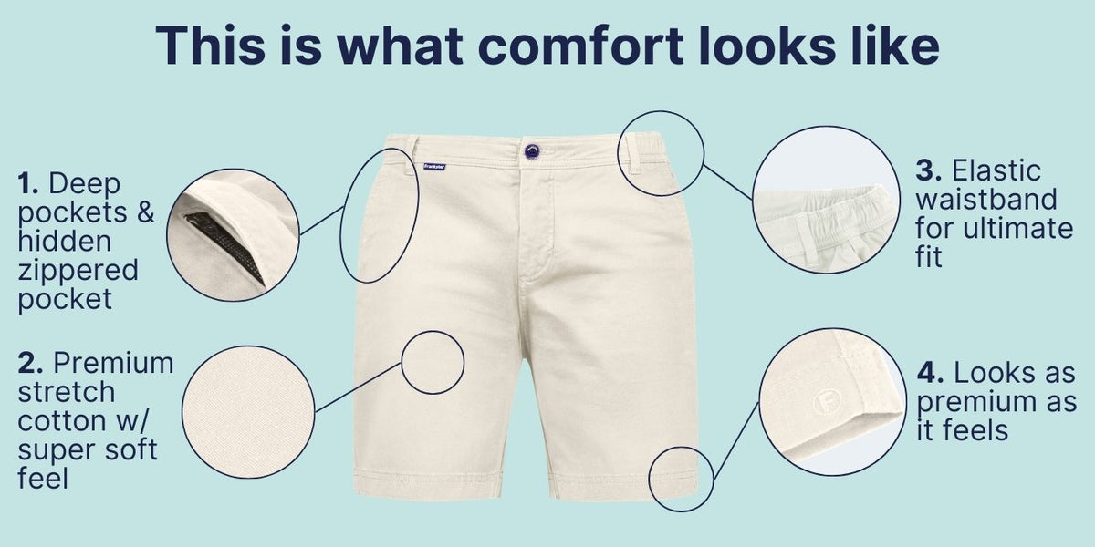 Cream-colored men's shorts made from premium stretch cotton with a soft texture, featuring deep pockets including a hidden zippered pocket, an elastic waistband for a comfortable fit, and a clean, tailored finish emphasizing quality and comfort.