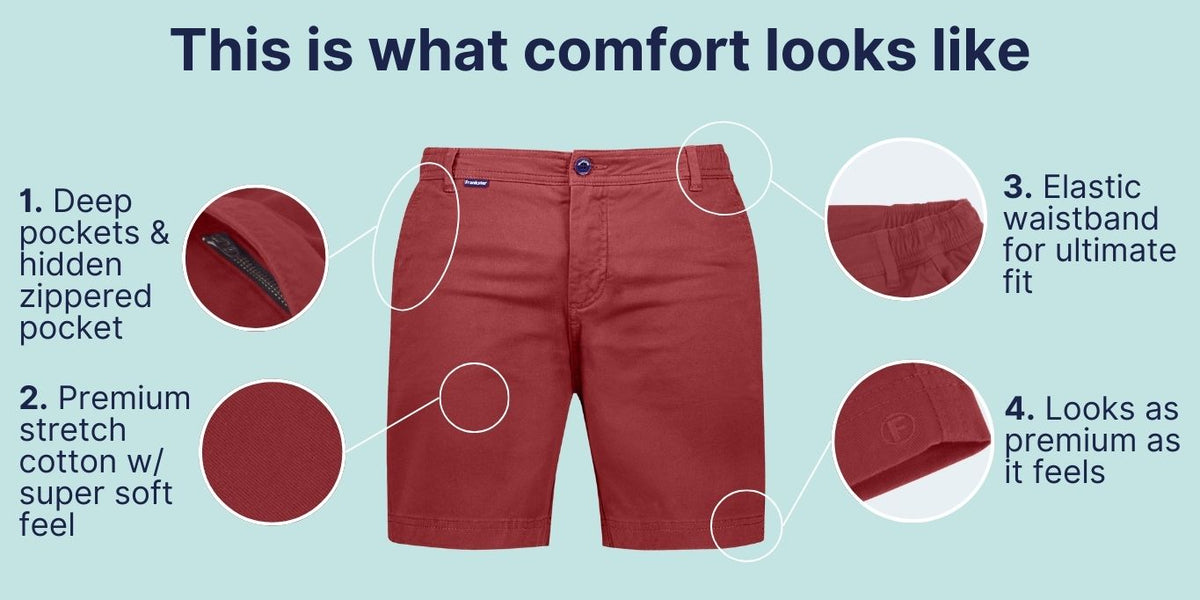 Brick red men's shorts made from premium stretch cotton with a soft texture, featuring deep pockets including a hidden zippered pocket, an elastic waistband for a comfortable fit, and a cuffed hem highlighting quality and all-day wear.