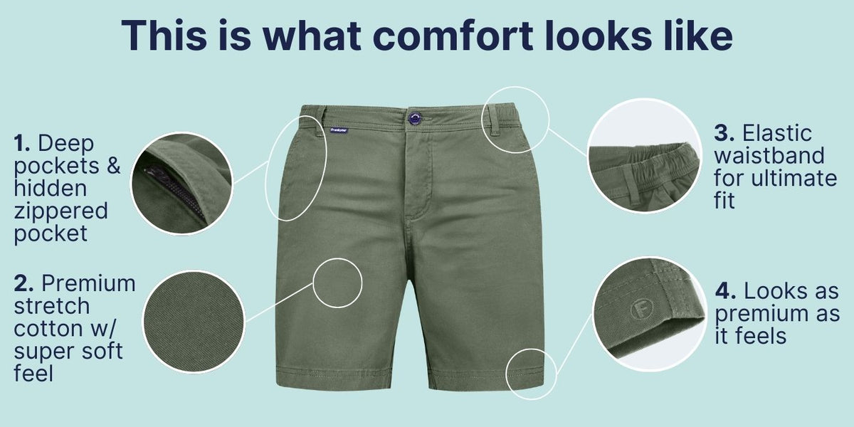 Olive green men's shorts made from premium stretch cotton with a soft texture, featuring deep pockets including a hidden zippered pocket, an elastic waistband for a comfortable fit, and a clean cuffed hem highlighting quality and wearability.