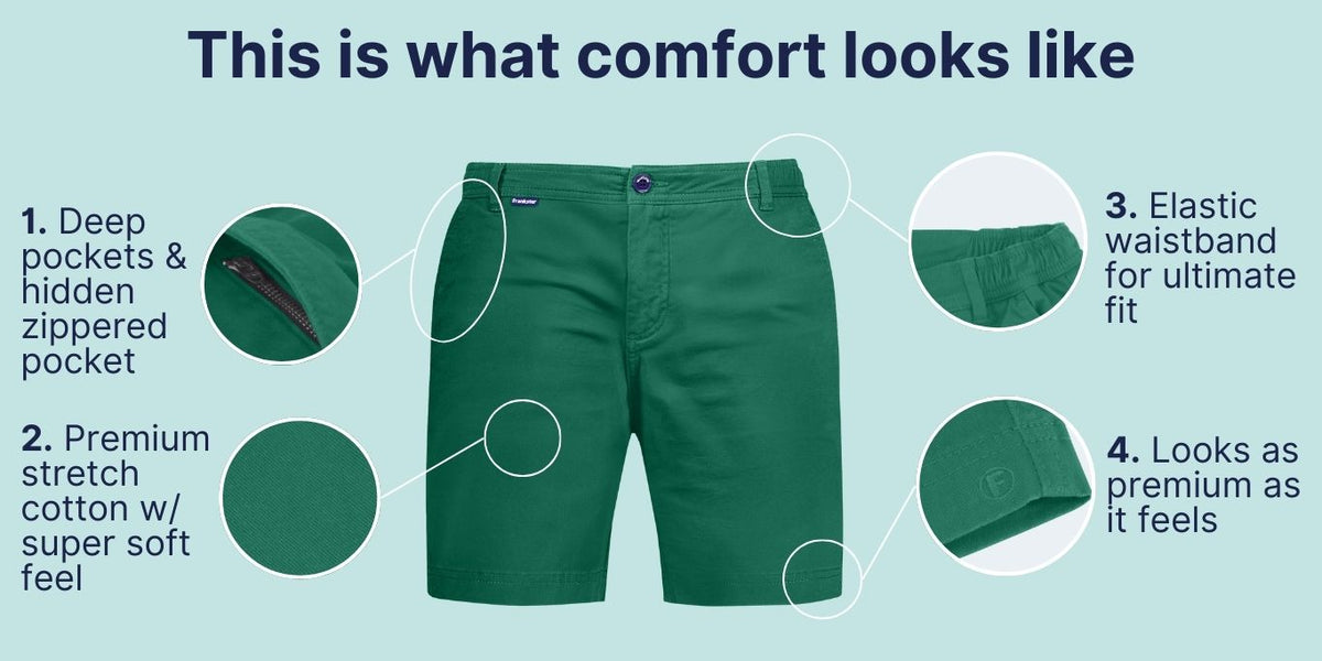 Green men's shorts made from premium stretch cotton with a soft texture, featuring deep pockets including a hidden zippered pocket, an elastic waistband for a flexible fit, and a smooth, high-quality finish emphasizing comfort.